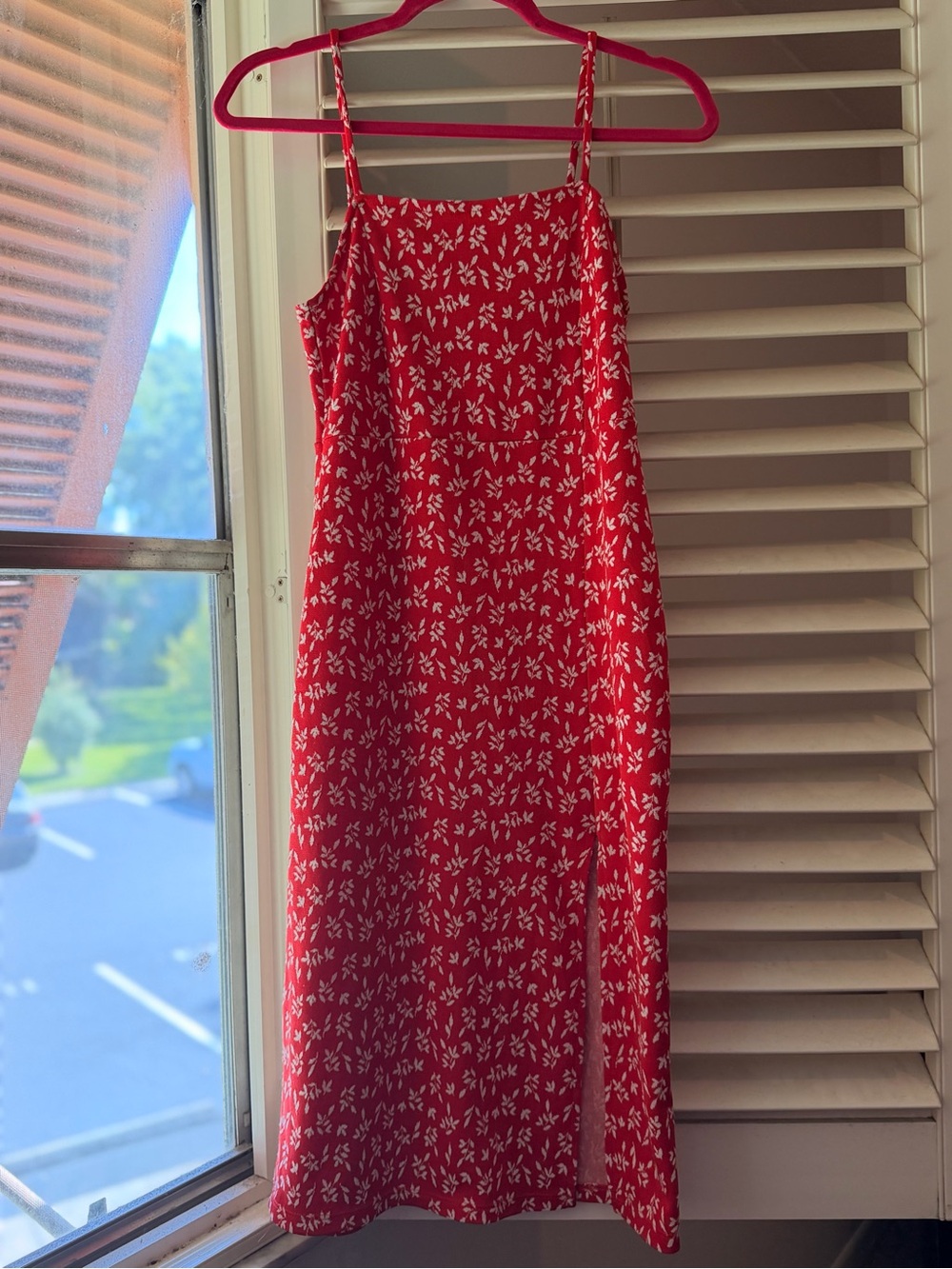 ZARA RED & WHITE FLORAL SQUARE NECK SLIP MIDI DRESS w/ STRAPPY SLEEVELESS SMALL